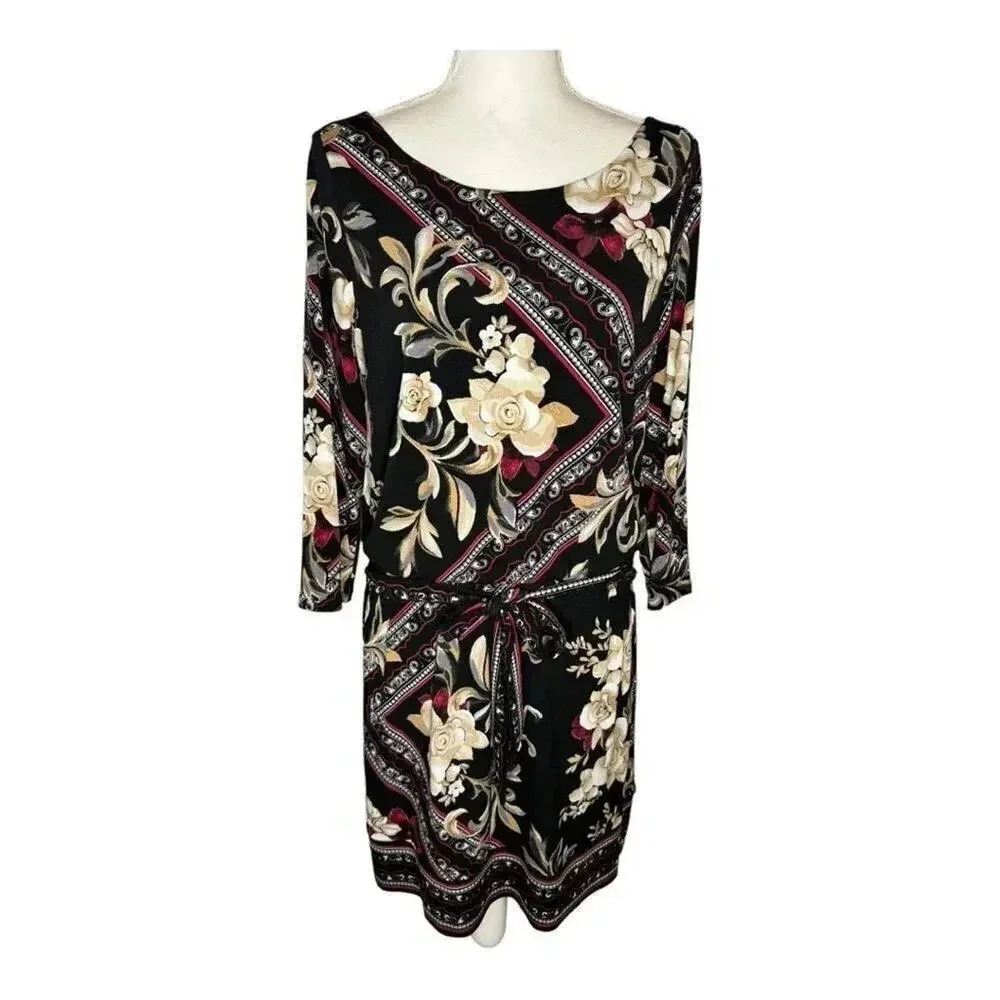 White House Black Market Women’s Medium Black Floral Elastic Waist Belted Dress